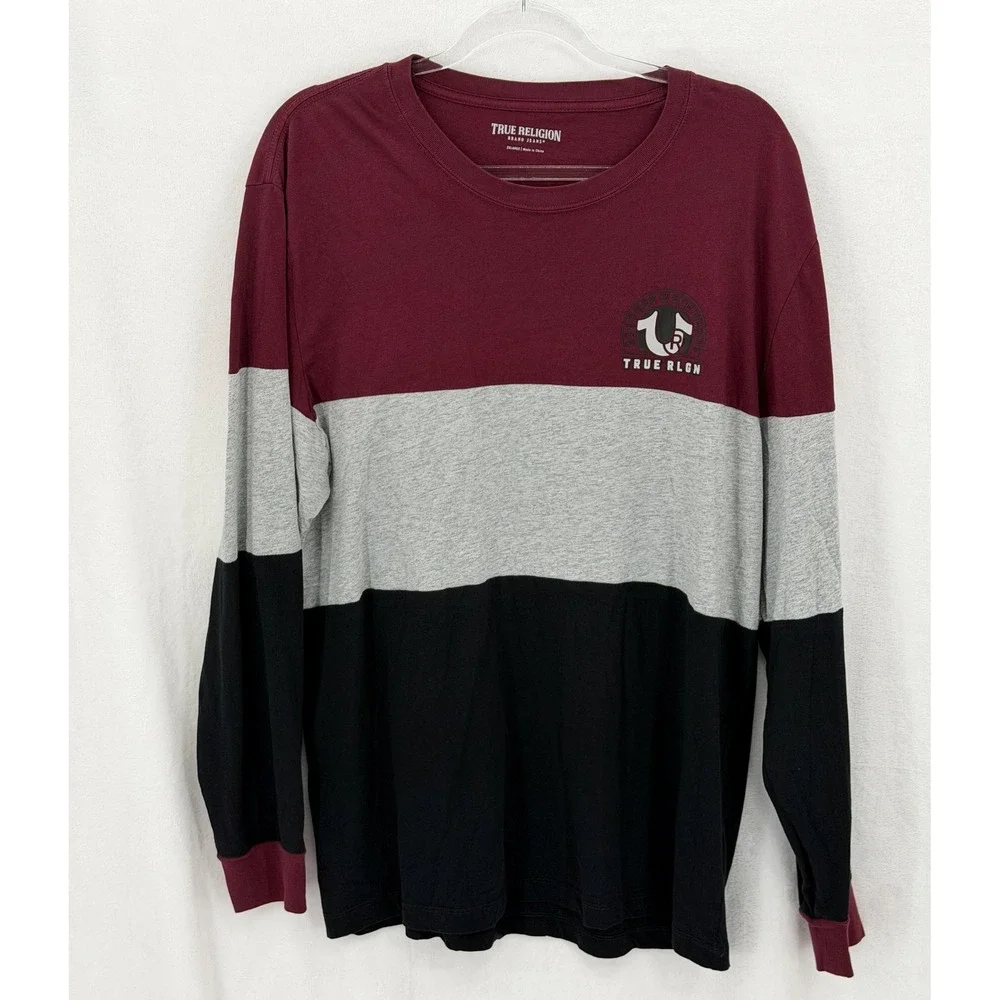 True Religion Shirt Mens 2XL‎ Color Block Long Sleeve Tee Red Heather Horseshoe